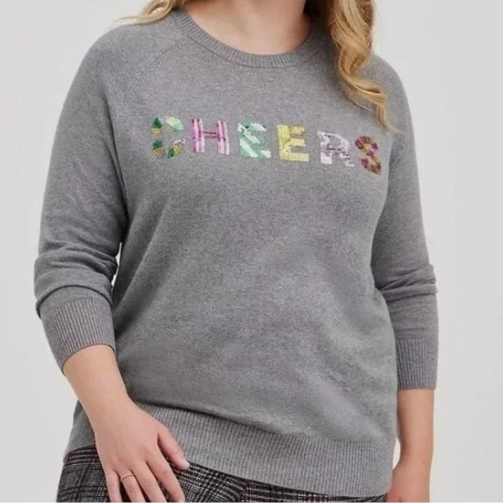 TORRID Sweater Womens Size 3X Gray CHEERS Sequins Holiday New Year Lightweight
